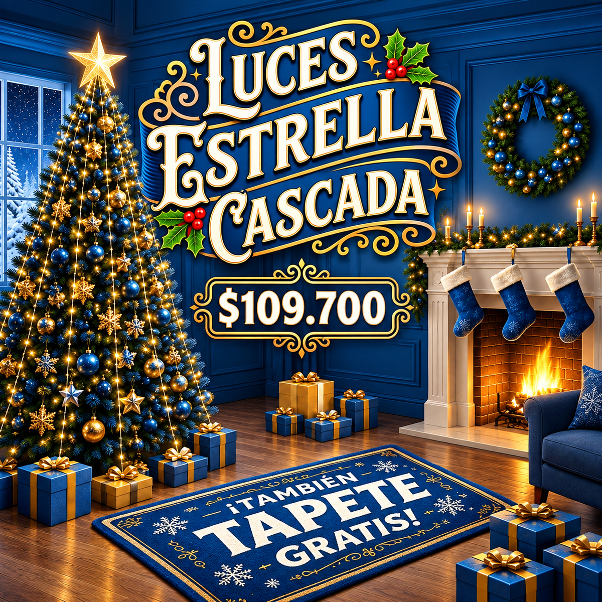 Luces Estrella Cascada Y Tapete Navidad