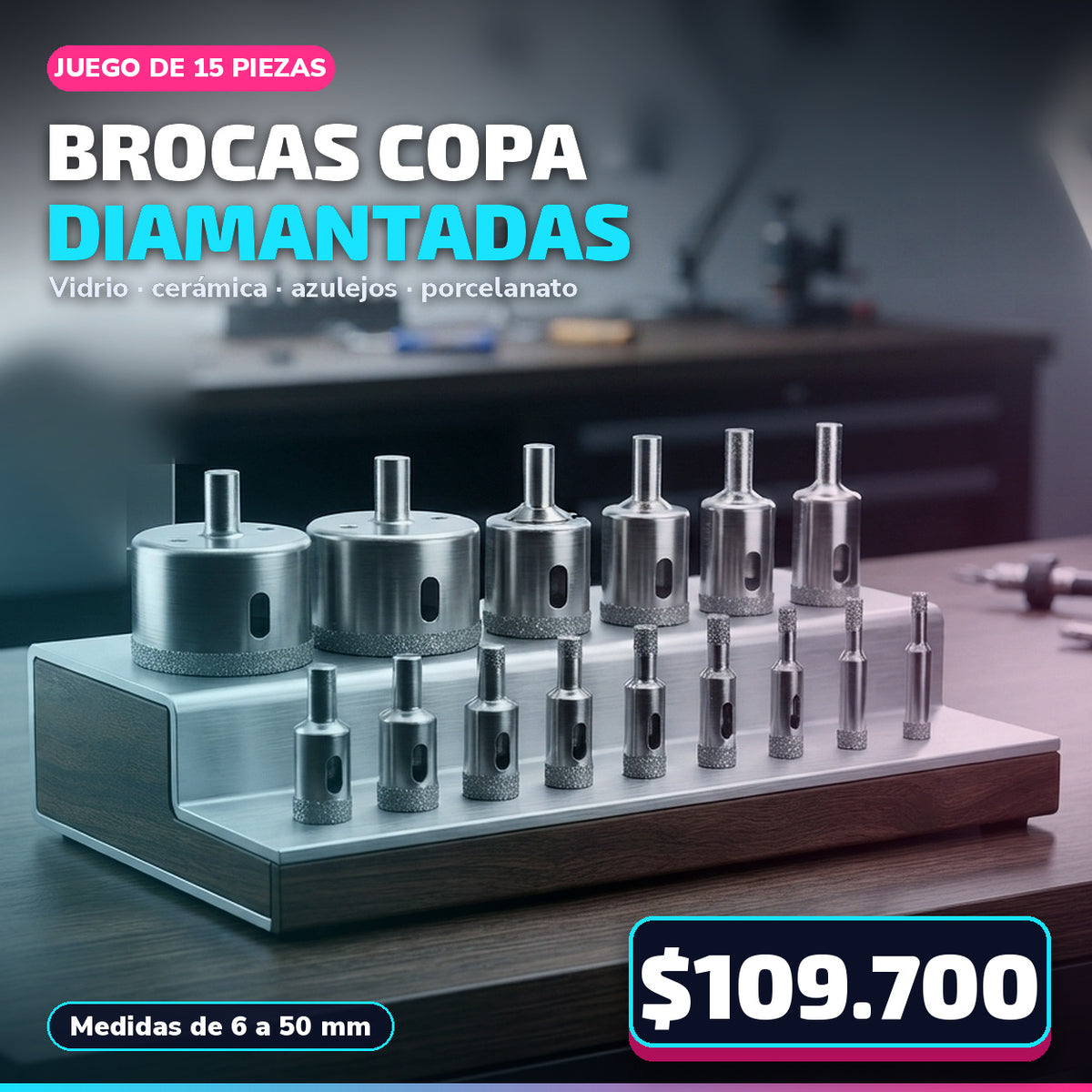 JUEGO COPAS BROCAS DIAMANTADAS 15 PIEZAS