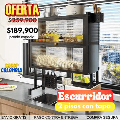 Escurridor de platos doble nivel con tapa || Olvídate de los regueros de agua. Vive con orden y paz.