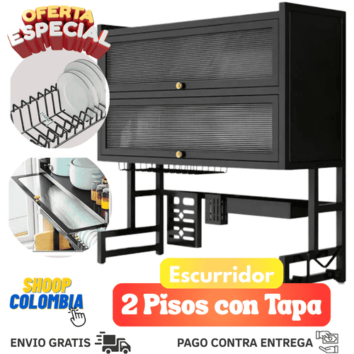 Escurridor de platos doble nivel con tapa || Olvídate de los regueros de agua. Vive con orden y paz.